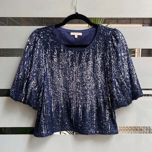 Skies Are Blue Sequin Navy Silver Bubble Sleeve Top Size XS - Picture 2 of 7